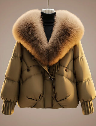 Women's Quilted Coat | Oversized Fur Collar Zip Front Padded