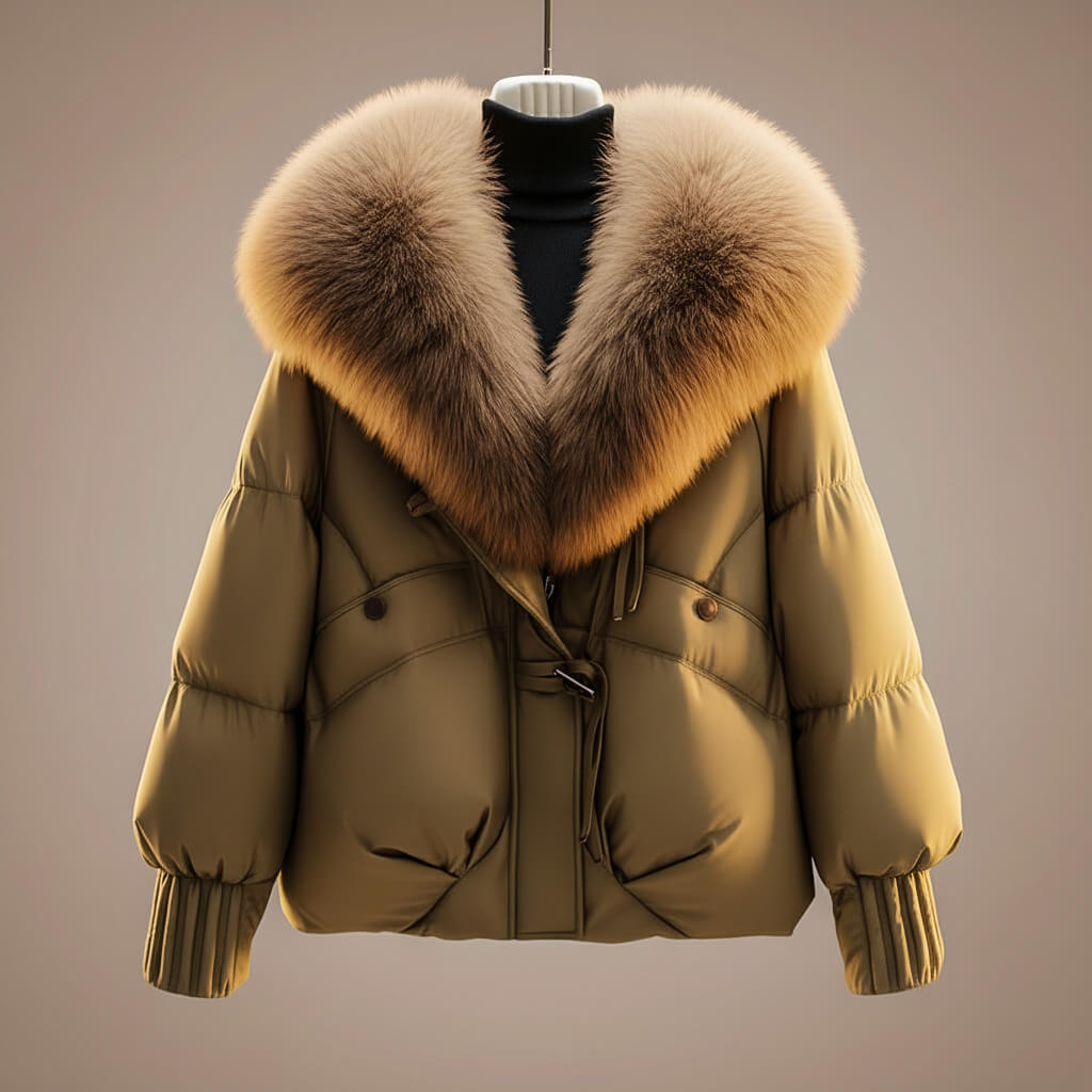 Women's Quilted Coat | Oversized Fur Collar Zip Front Padded