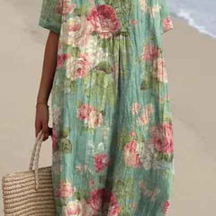Women's Flowy Dress | V-Neck Short Sleeve Floral Midi