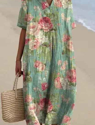 Women's Flowy Dress | V-Neck Short Sleeve Floral Midi