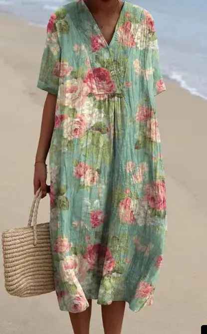 Women's Flowy Dress | V-Neck Short Sleeve Floral Midi