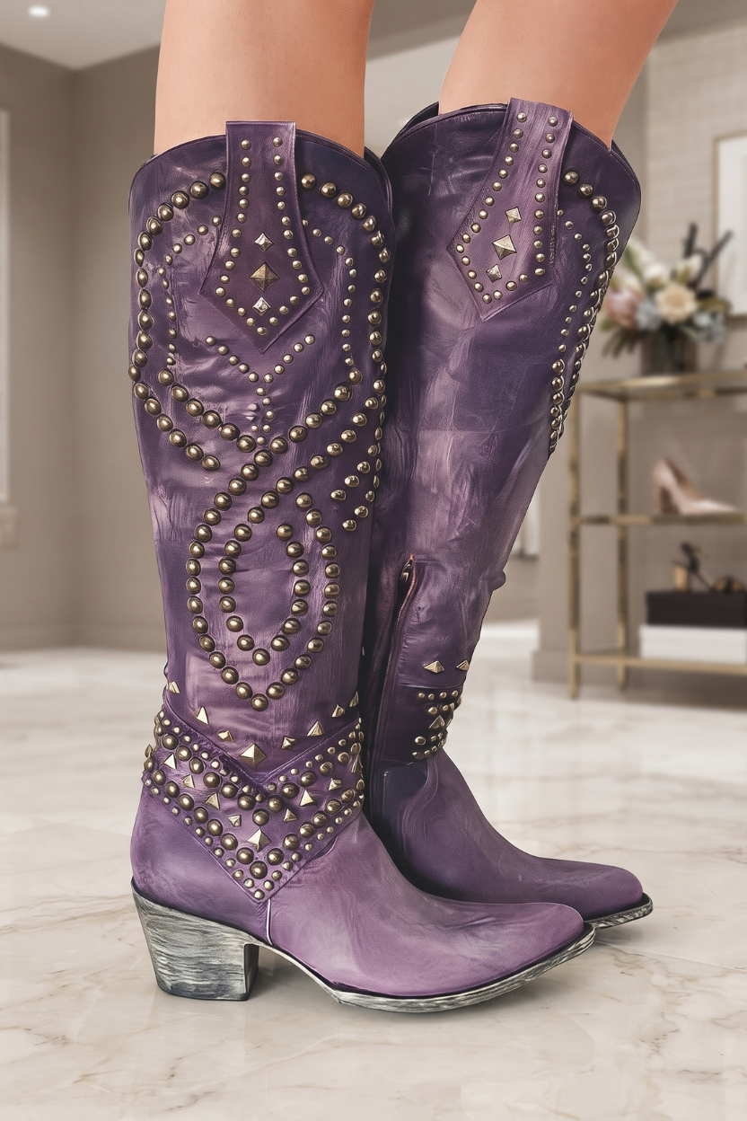 Women's Knee High Boots | Studded Leather Block Heel