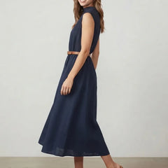 Women's High Neck Dress | Midi Length Sleeveless Pleated Belted
