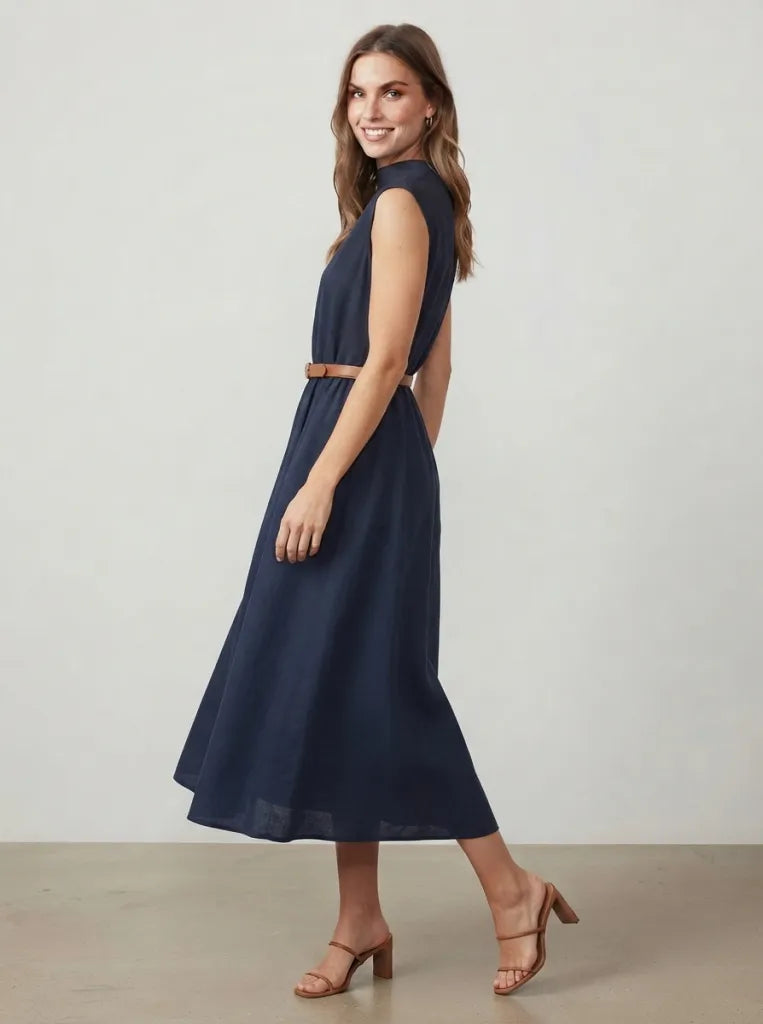 Women's High Neck Dress | Midi Length Sleeveless Pleated Belted