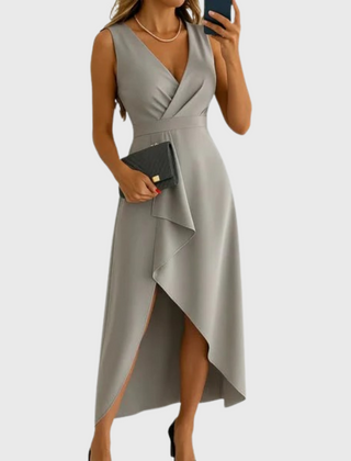 Women's Wedding Guest Dress | Midi Asymmetric Wrap V-Neck Sleeveless