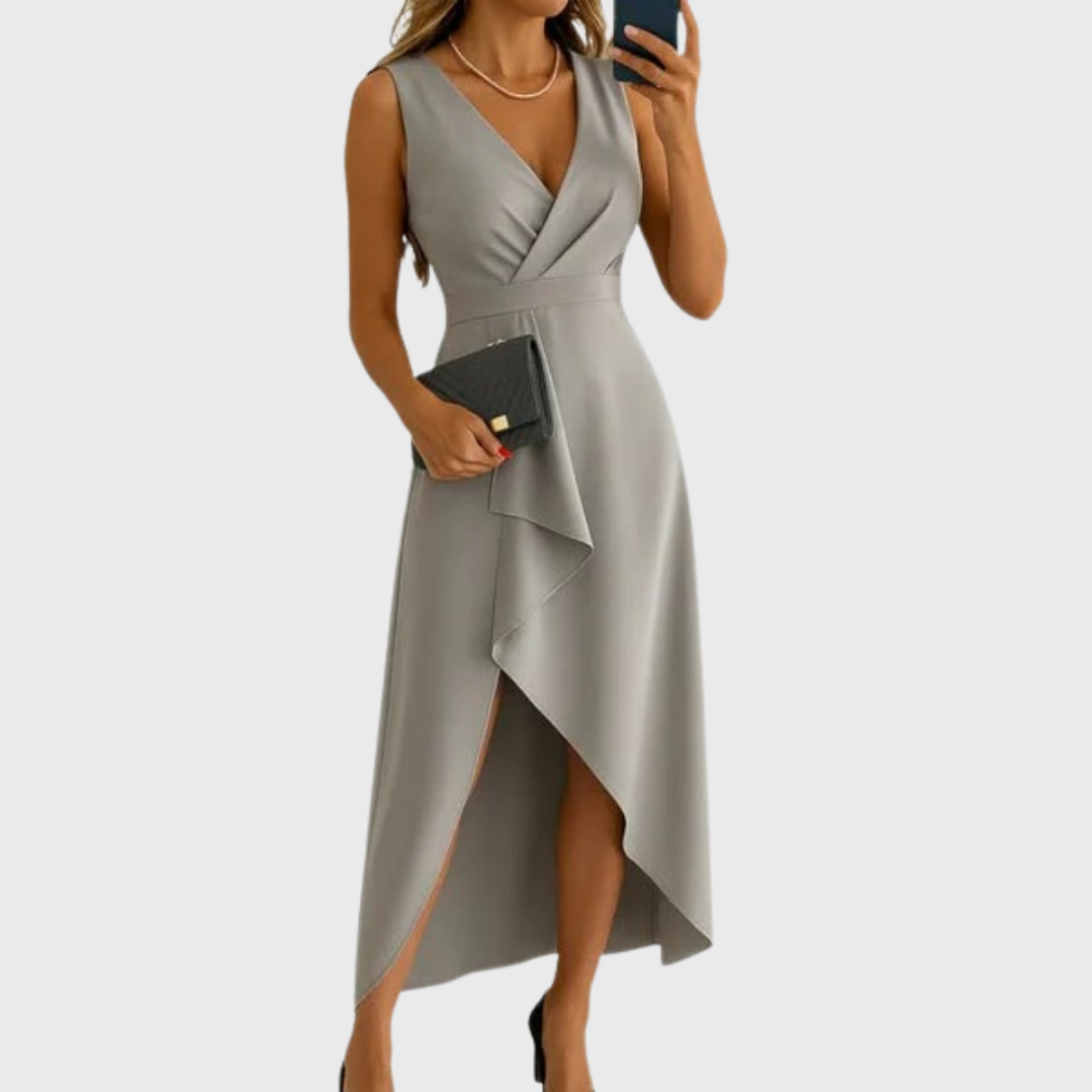 Women's Wedding Guest Dress | Midi Wrap V-Neck Sleeveless Asymmetric