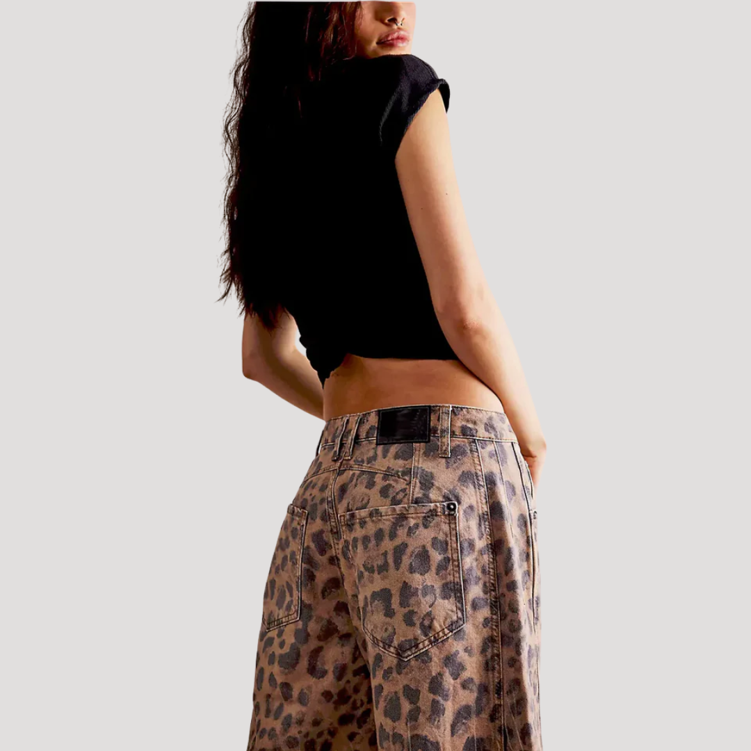 Women's Barrel Jeans | Leopard Print Mid Rise Cropped Denim
