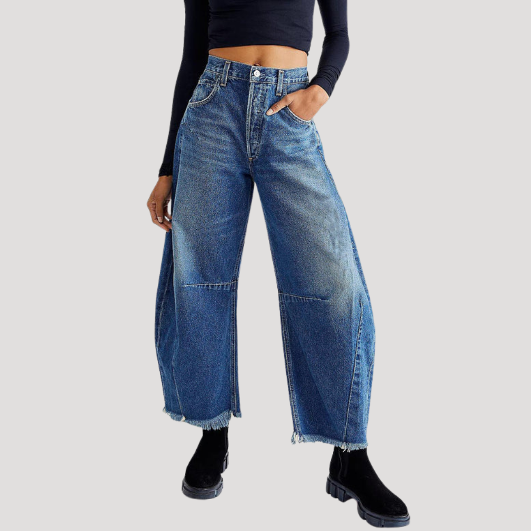 Women's Barrel Jeans | High Waist Cropped Raw Hem Wide Leg Denim