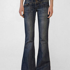 Women's Y2K low rise slim flare jeans in retro blue denim, perfect for vintage fashion and everyday comfort.