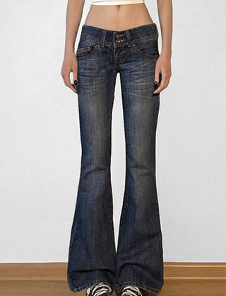 Women's Y2K low rise slim flare jeans in retro blue denim, perfect for vintage fashion and everyday comfort.
