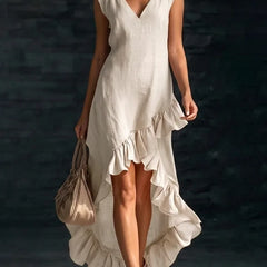 Women's Cotton Maxi Dress | V-Neck Sleeveless Ruffled Hem