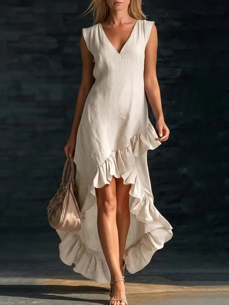 Women's Cotton Maxi Dress | V-Neck Sleeveless Ruffled Hem