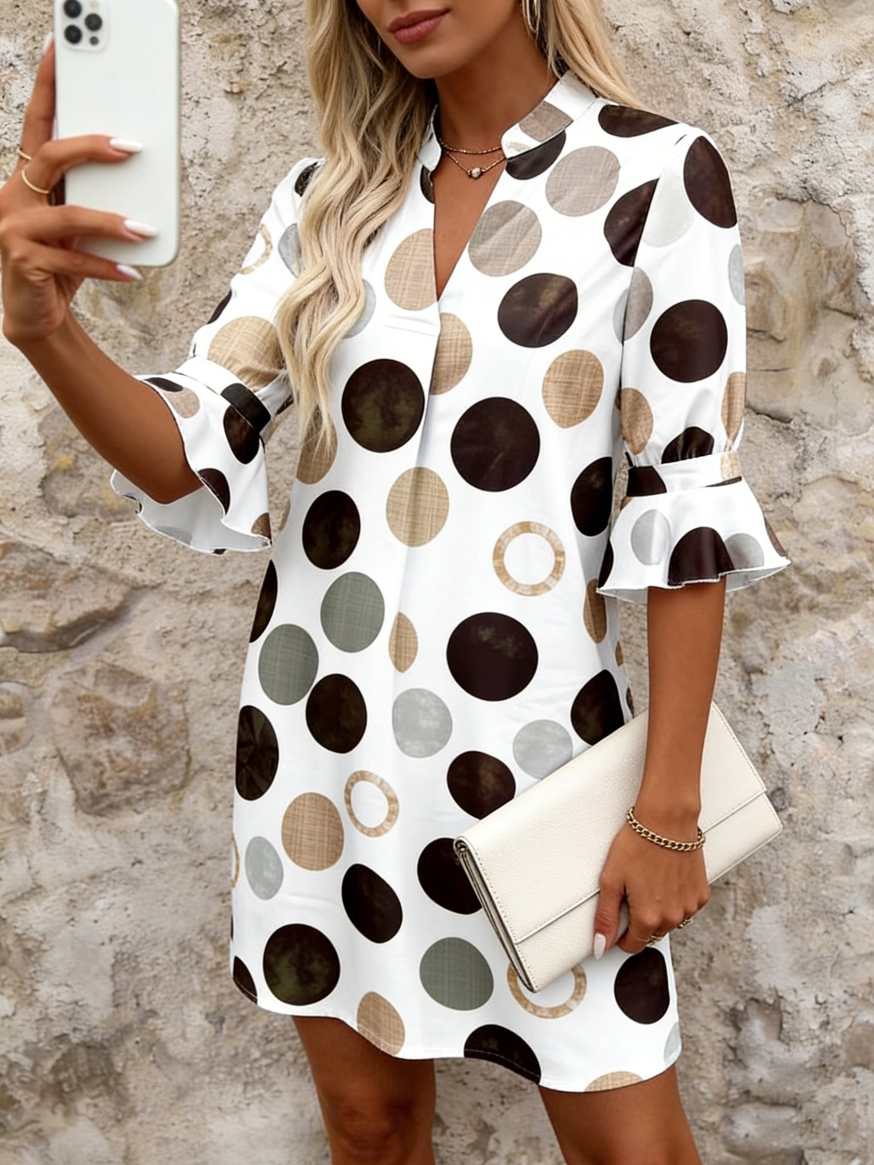 Women's Mini Dress | V-Neck Polka Dot Flared Sleeve