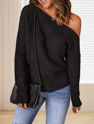 Women's Off The Shoulder Sweater | Ribbed Knit Long Sleeve Cold Shoulder