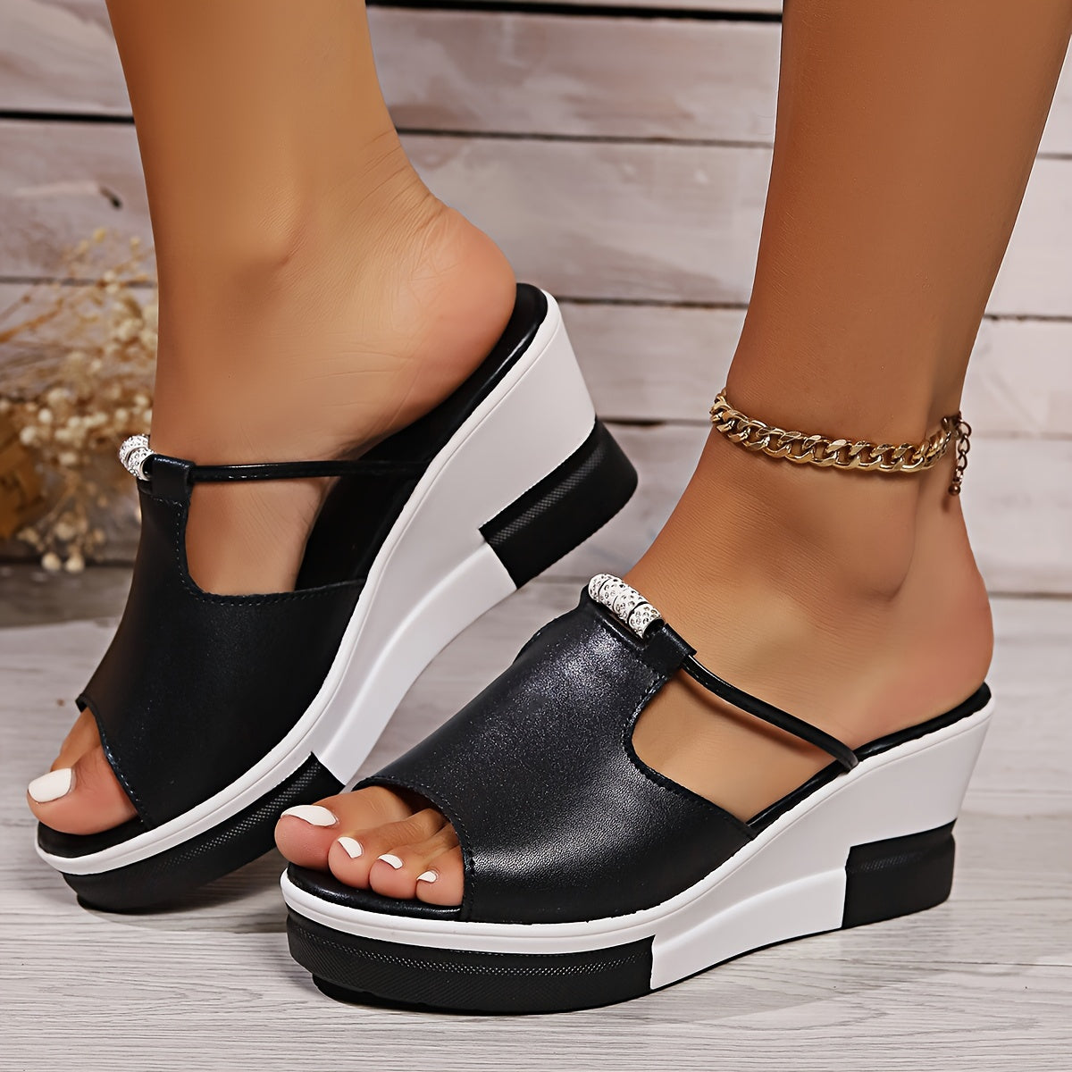 Women's Platform Slide | Open Toe Block Heel Wedge Sole