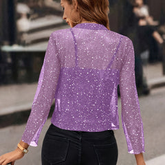 Women's Winter Jacket | Cropped Sequin Open Front Three Quarter Sleeve
