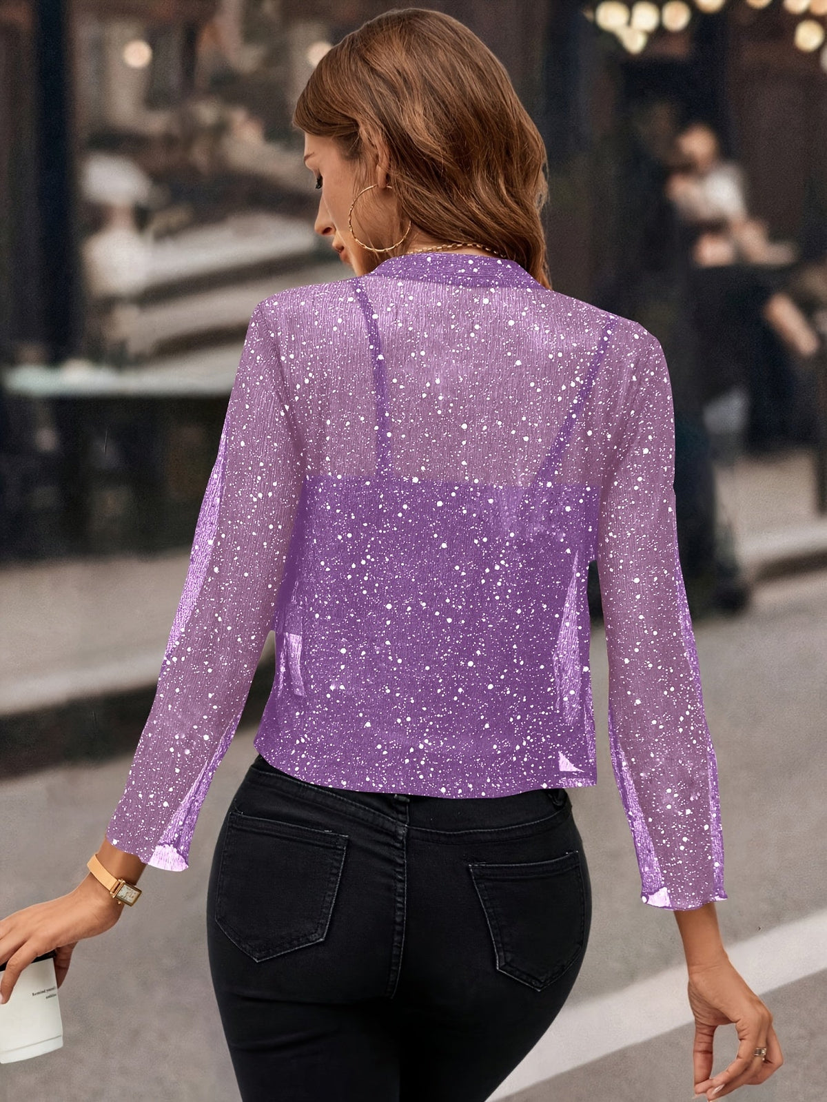 Women's Winter Jacket | Cropped Sequin Open Front Three Quarter Sleeve