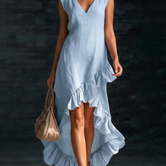 Women's Cotton Maxi Dress | V-Neck Sleeveless Ruffled Hem