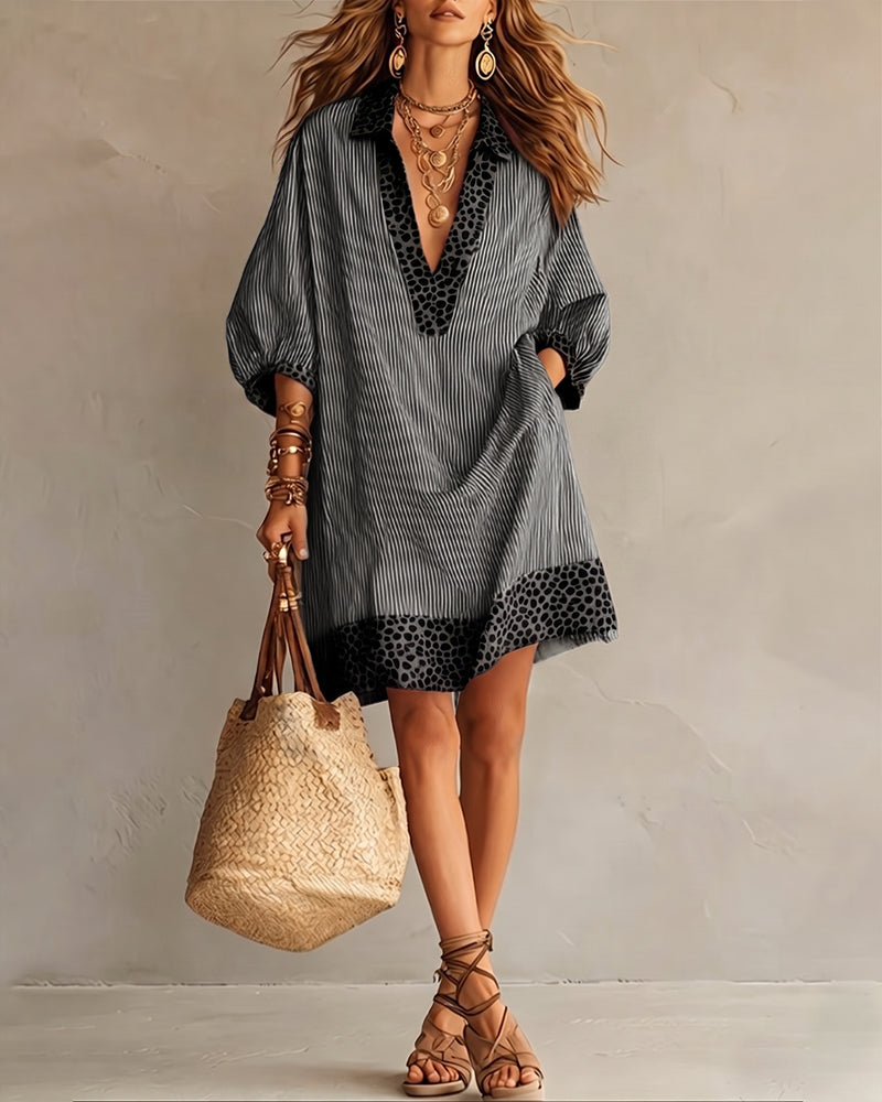 Women's Summer Dress | Midi Shirt Collar Puffed Sleeves Leopard Print