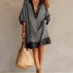 Women's Summer Dress | Midi Collar Puffed Sleeves Leopard Trim