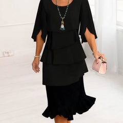 Women's Ruffle Dress | Midi Length Round Neck Split Sleeves