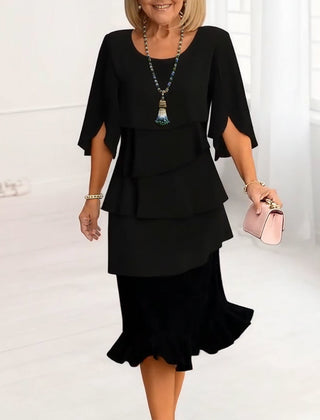 Women's Ruffle Dress | Midi Length Round Neck Split Sleeves