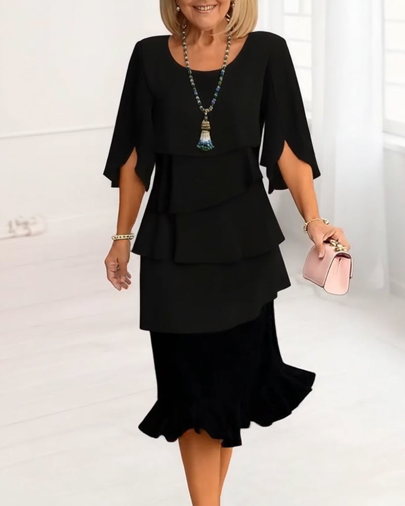 Women's Ruffle Dress | Midi Length Round Neck Split Sleeves