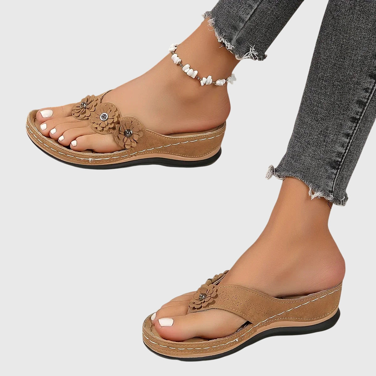 Women's Flip Flop | Open Toe Flower Embellished Wedge