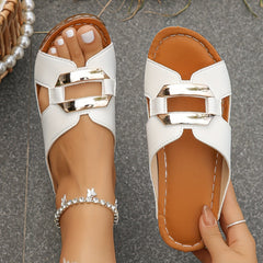 Women's Platform Slide | Open Toe Buckle Metallic Heel