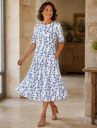 Women's Floral Midi Dress | Midi Length Round Neck Half Sleeve