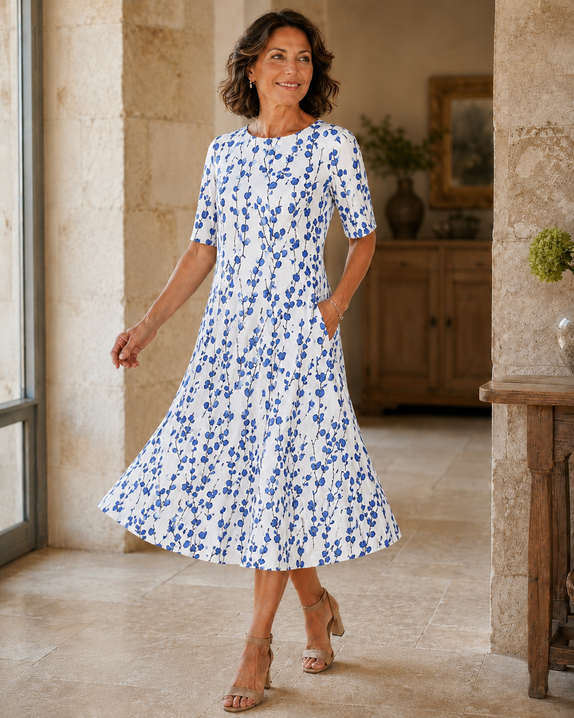 Women's Floral Midi Dress | Midi Length Round Neck Half Sleeve
