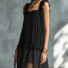 Women's Polka Dot Mini Dress | Square Neckline Lace Sleeveless Chiffon