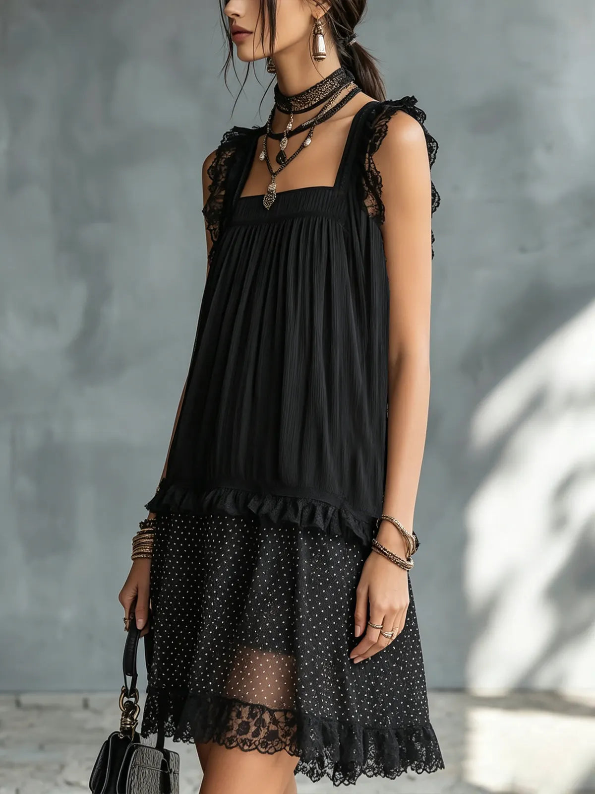 Women's Polka Dot Mini Dress | Square Neckline Lace Sleeveless Chiffon