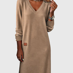 Women's Red Dress | V-Neck Long Sleeve Midi Knit