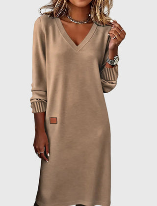 Women's Red Dress | V-Neck Long Sleeve Midi Knit