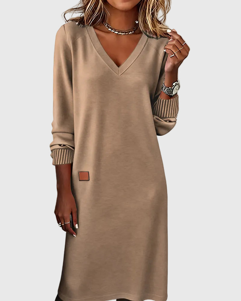 Women's Red Dress | V-Neck Long Sleeve Midi Knit