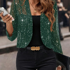 Women's Winter Jacket | Cropped Sequin Open Front Three Quarter Sleeve