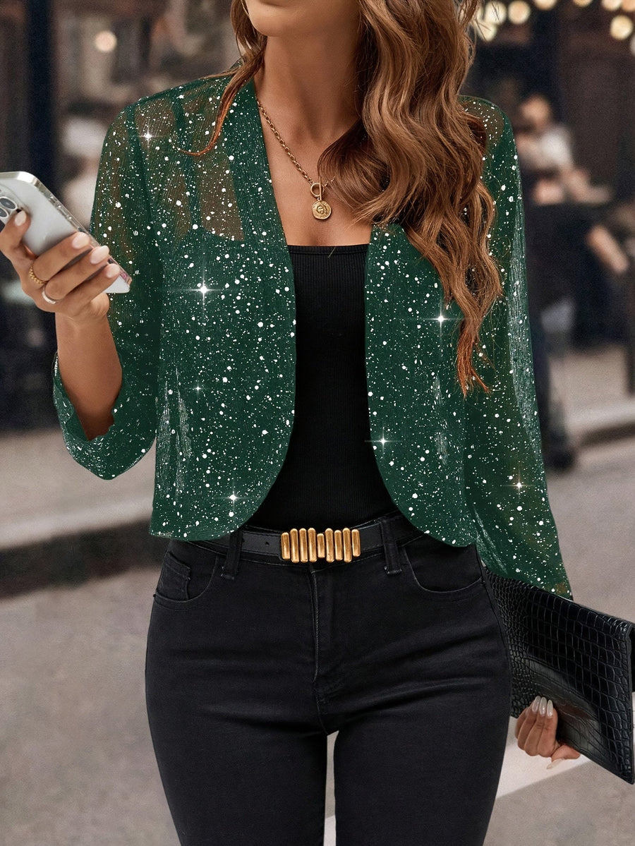 Women's Winter Jacket | Cropped Sequin Open Front Three Quarter Sleeve