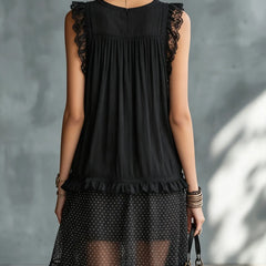 Women's Polka Dot Mini Dress | Square Neckline Lace Sleeveless Chiffon