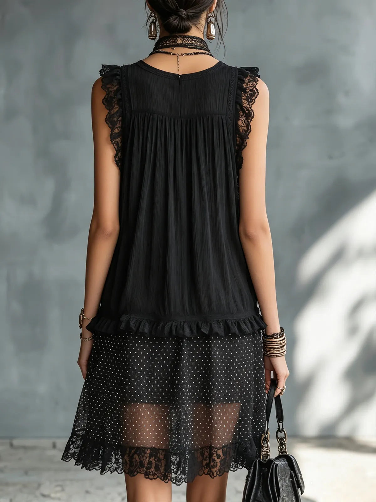 Women's Polka Dot Mini Dress | Square Neckline Lace Sleeveless Chiffon