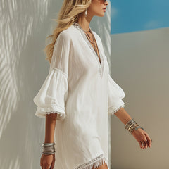 Women's Linen Mini Dress | V-Neck Puff Sleeve Lace Tassel