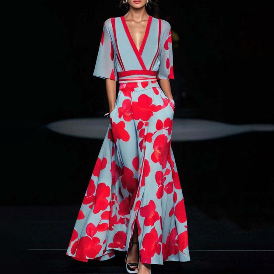 Women's Christmas Dress | Maxi Length V-Neck Wrap Half Sleeve Floral Print