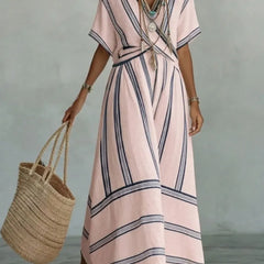 Women's Short Sleeve Dress | V-Neck Striped Linen Maxi