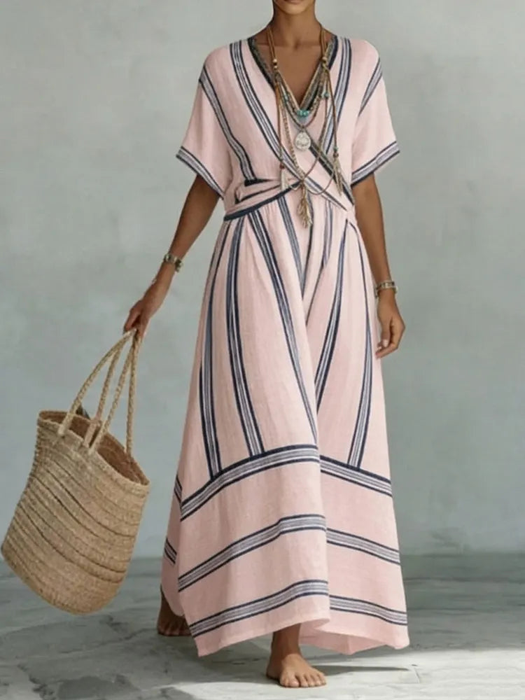 Women's Short Sleeve Dress | V-Neck Striped Linen Maxi