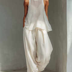 Women's Linen Pants | Wide Leg Drawstring Crew Neck Sleeveless