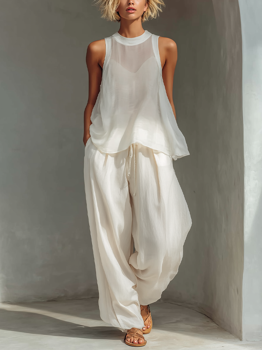 Women's Linen Pants | Wide Leg Drawstring Crew Neck Sleeveless