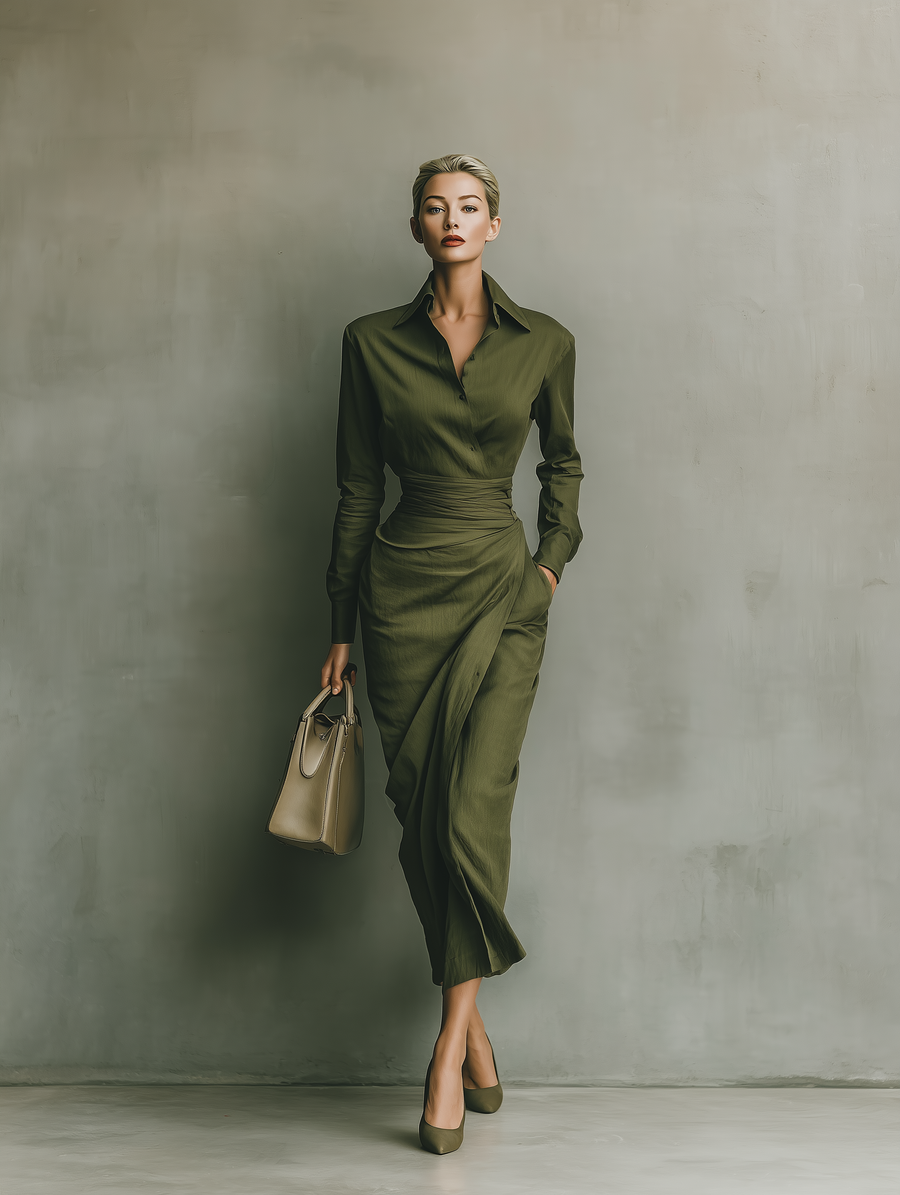 Women's Green Xmas Dress | Midi Button-Front Wrapped