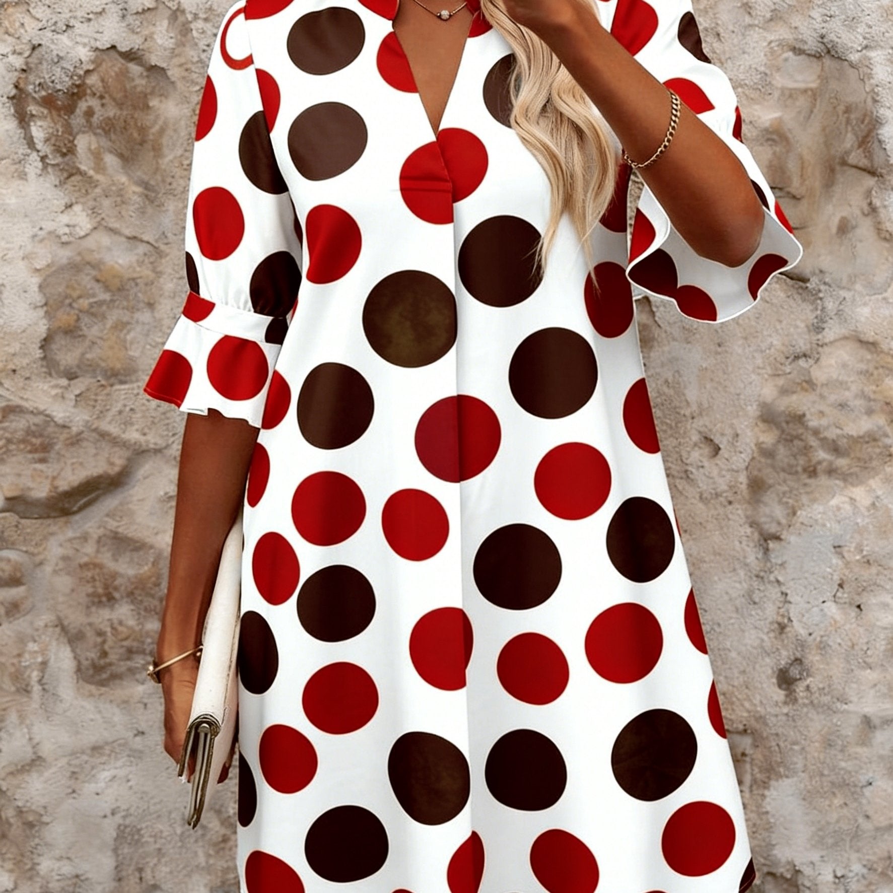Women's Mini Dress | V-Neck Polka Dot Flared Sleeve