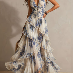 Women's Halterneck Dress | Maxi Ruffled Floral Tie Closure