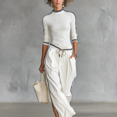 Women's Two Piece Pants Set | Half-High Neck Long Sleeves Wide Leg